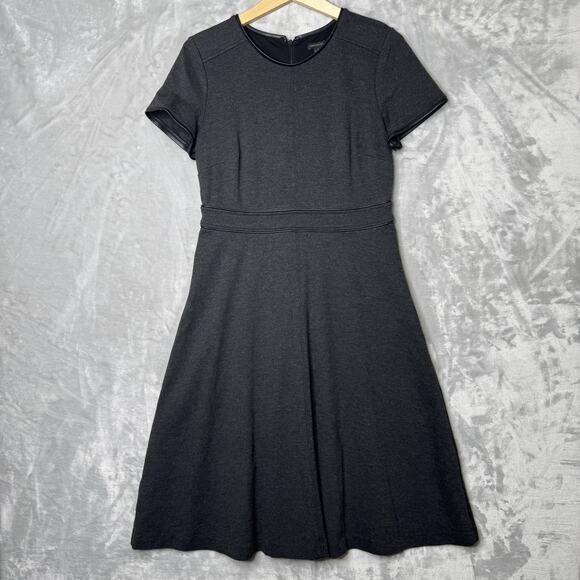 Ann Taylor Dress Womens 6 Gray Short Sleeve Faux Leather Trim Fit Flare Work - Picture 1 of 13